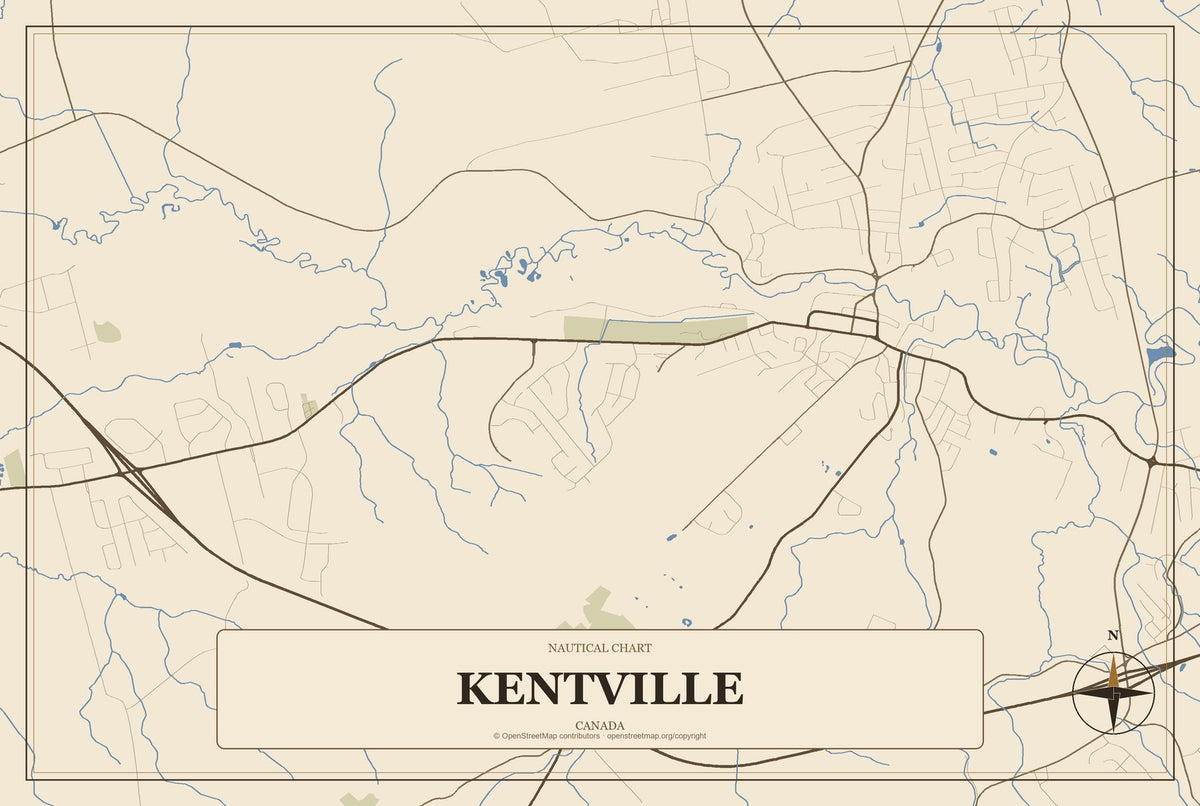 Kentville, Canada City Map Aluminum Sign in Heritage Nautical style