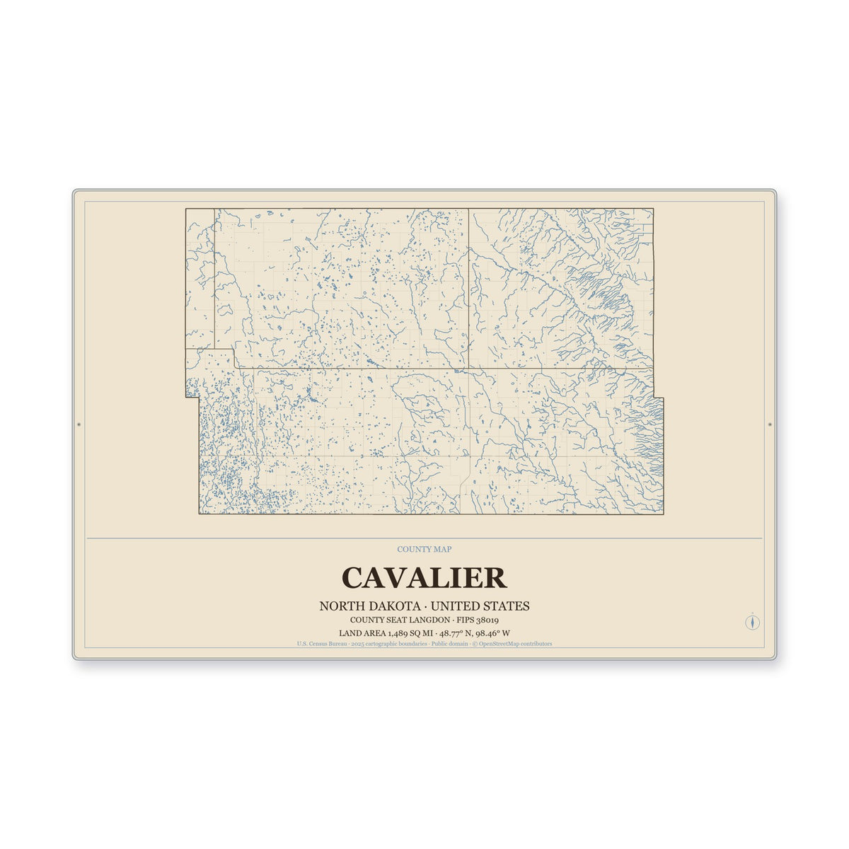 Cavalier County, North Dakota Map Aluminum Sign in Heritage Nautical style