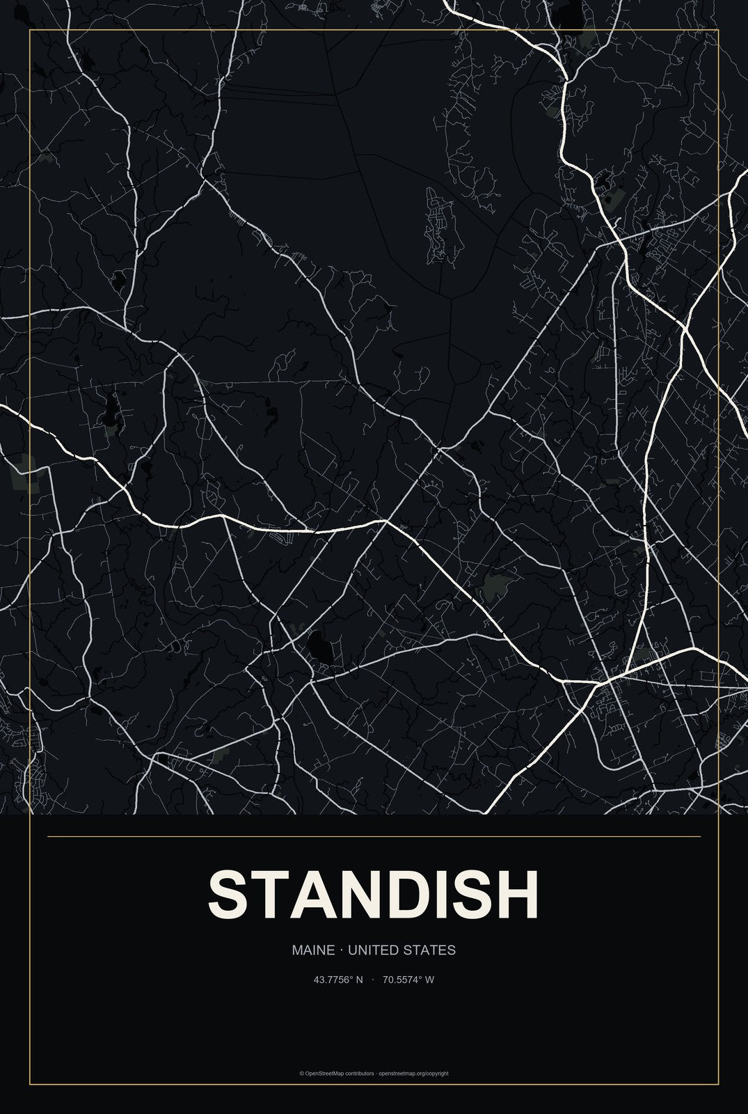 Standish, Maine City Map Aluminum Sign in Metropolitan Noir style