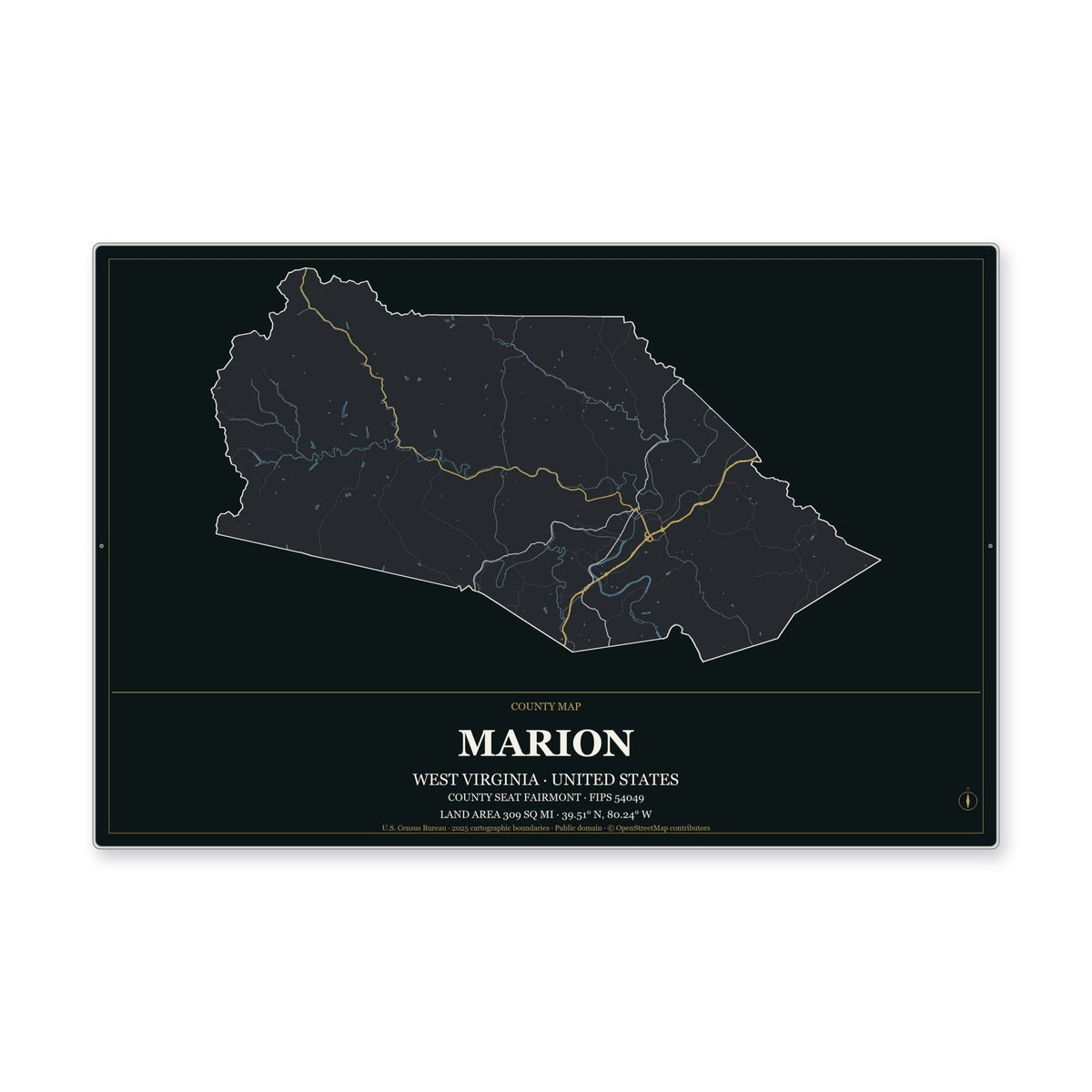 Marion County, West Virginia Map Aluminum Sign in Metropolitan Noir style