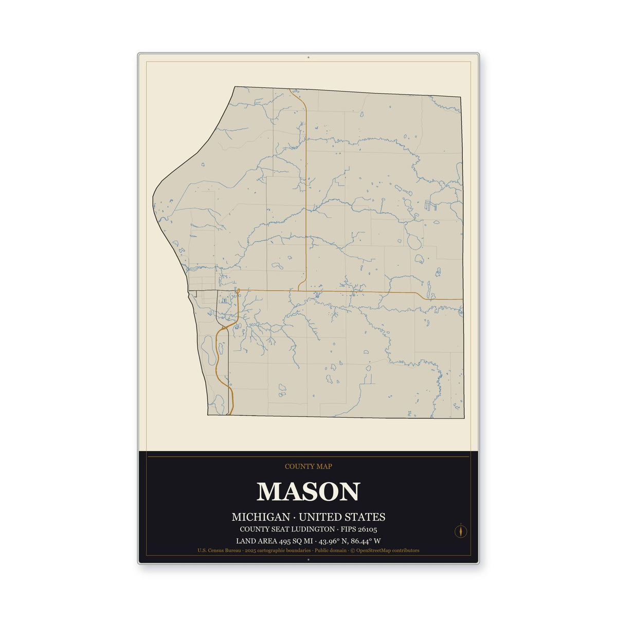 Mason County, Michigan Map Aluminum Sign in Museum Plaque style