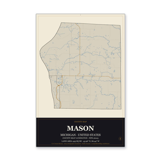Mason County, Michigan Map Aluminum Sign in Museum Plaque style