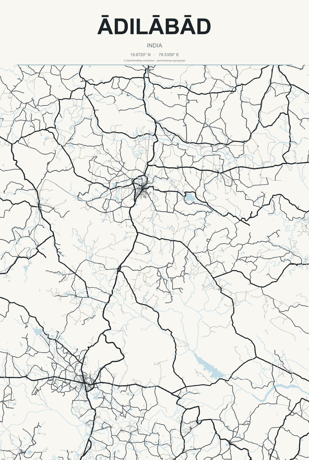 Ādilābād, India City Map Aluminum Sign in Headline Atlas style