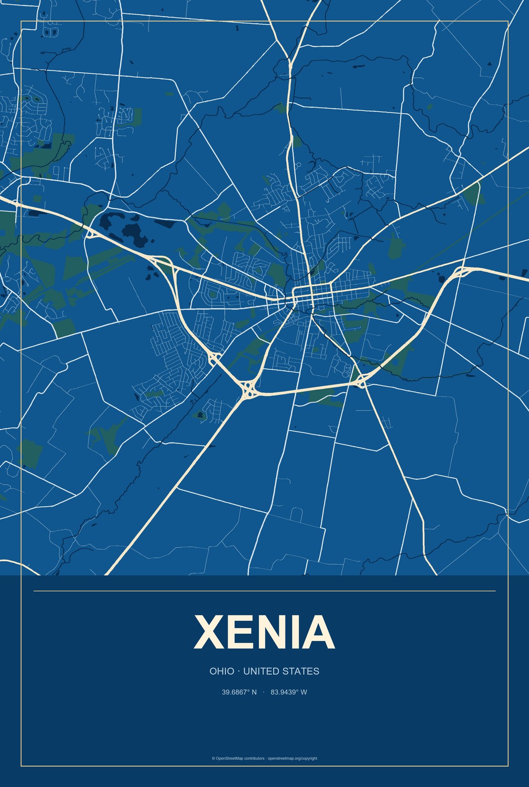 Xenia, Ohio City Map Aluminum Sign in Harbor Cobalt style