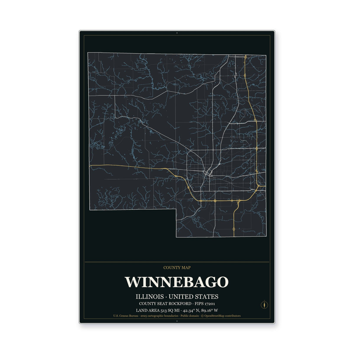 Winnebago County, Illinois Map Aluminum Sign in Metropolitan Noir style