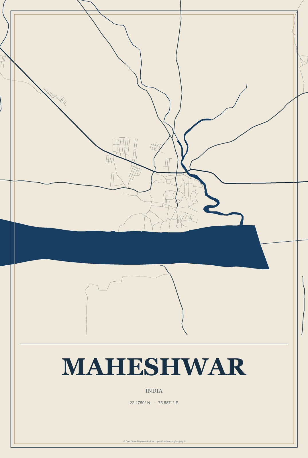 Maheshwar, India City Map Aluminum Sign in Coastal Cutout style