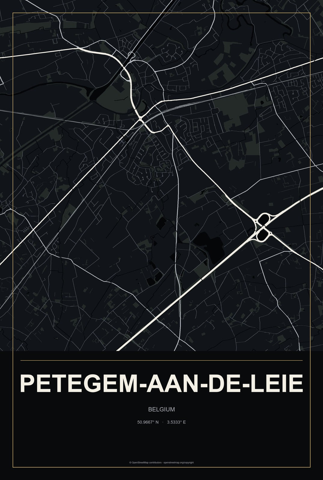 Petegem-aan-de-Leie, Belgium City Map Aluminum Sign in Metropolitan Noir style