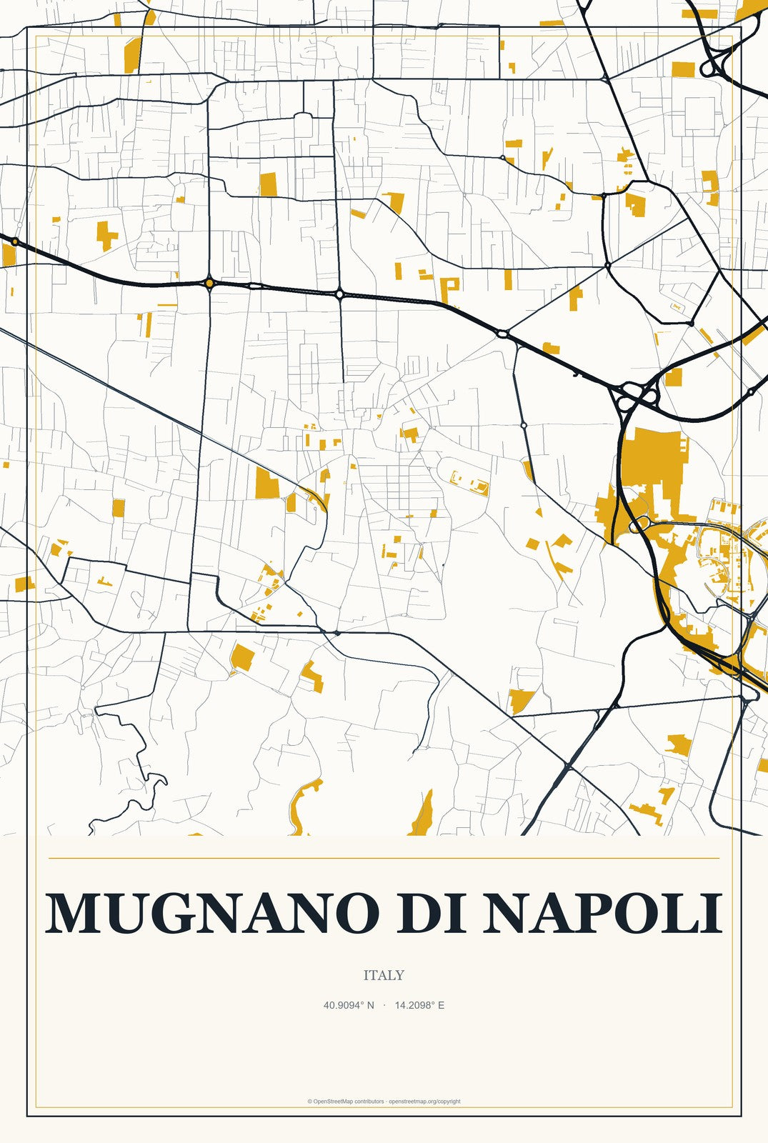 Mugnano di Napoli, Italy City Map Aluminum Sign in Citrine Modern style