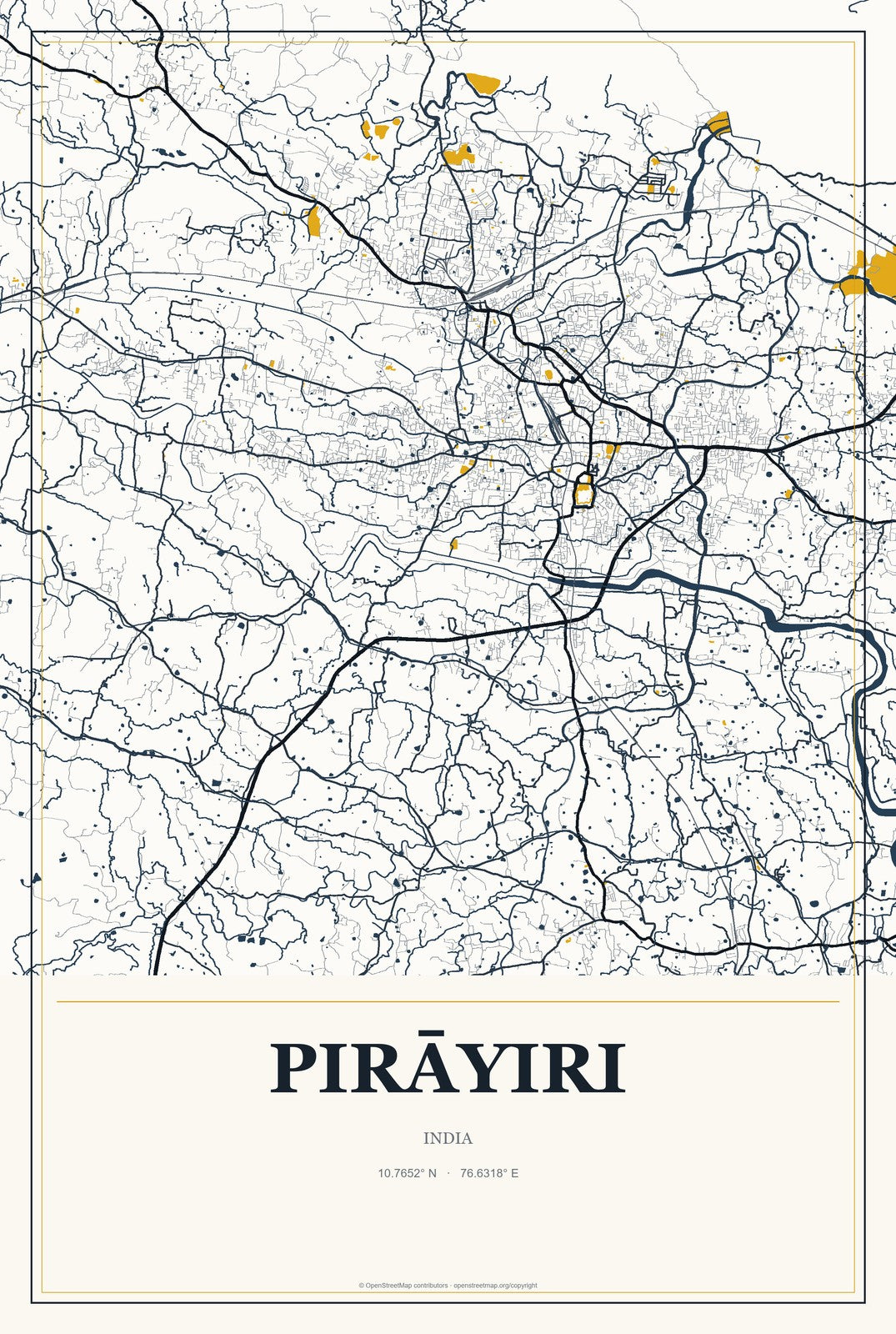 Pirāyiri, India City Map Aluminum Sign in Citrine Modern style