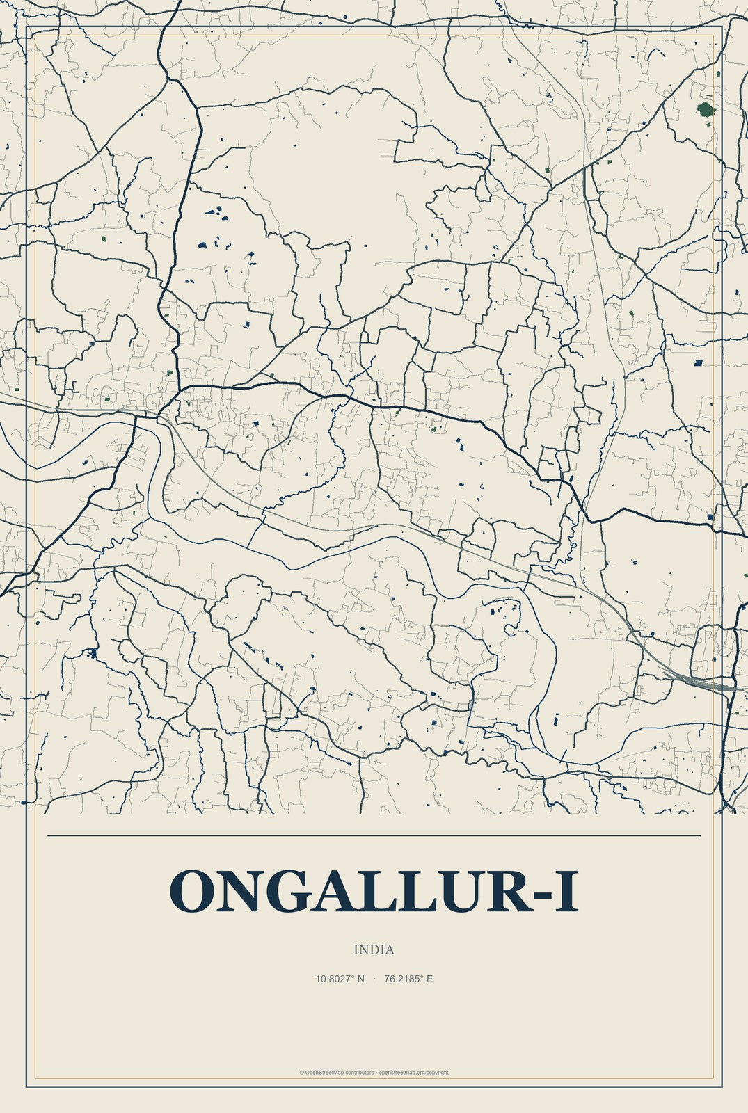 Ongallur-I, India City Map Aluminum Sign in Coastal Cutout style