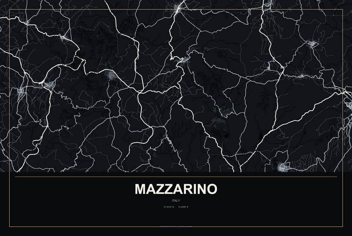 Mazzarino, Italy City Map Aluminum Sign in Metropolitan Noir style