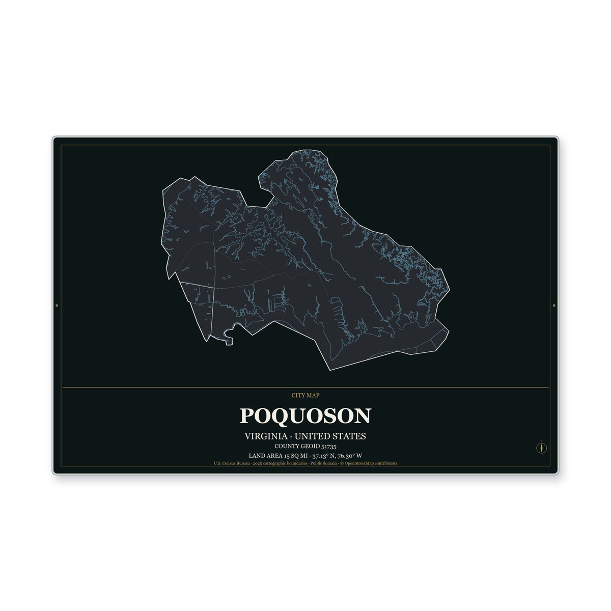 Poquoson city, Virginia Map Aluminum Sign in Metropolitan Noir style