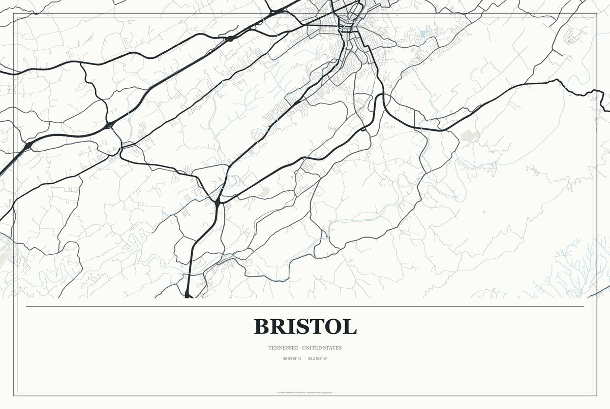 Bristol, Tennessee City Map Aluminum Sign in Gallery Air style