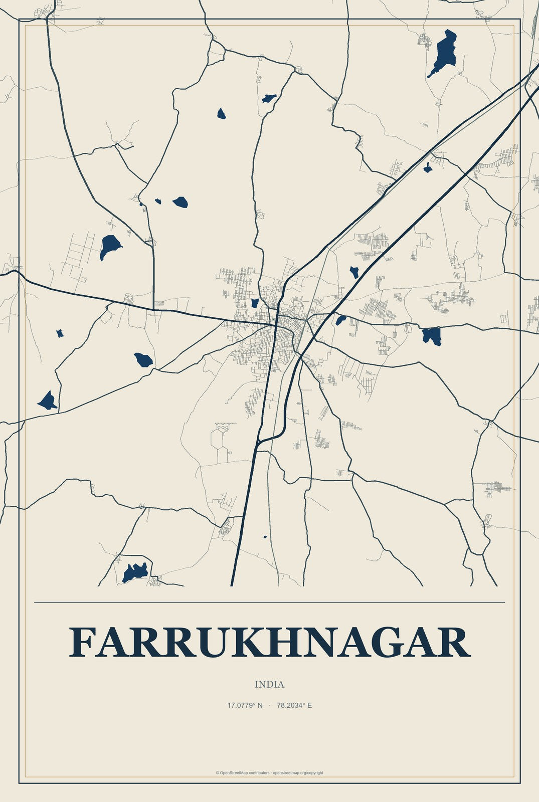 Farrukhnagar, Telangana, India City Map Aluminum Sign in Coastal Cutout style