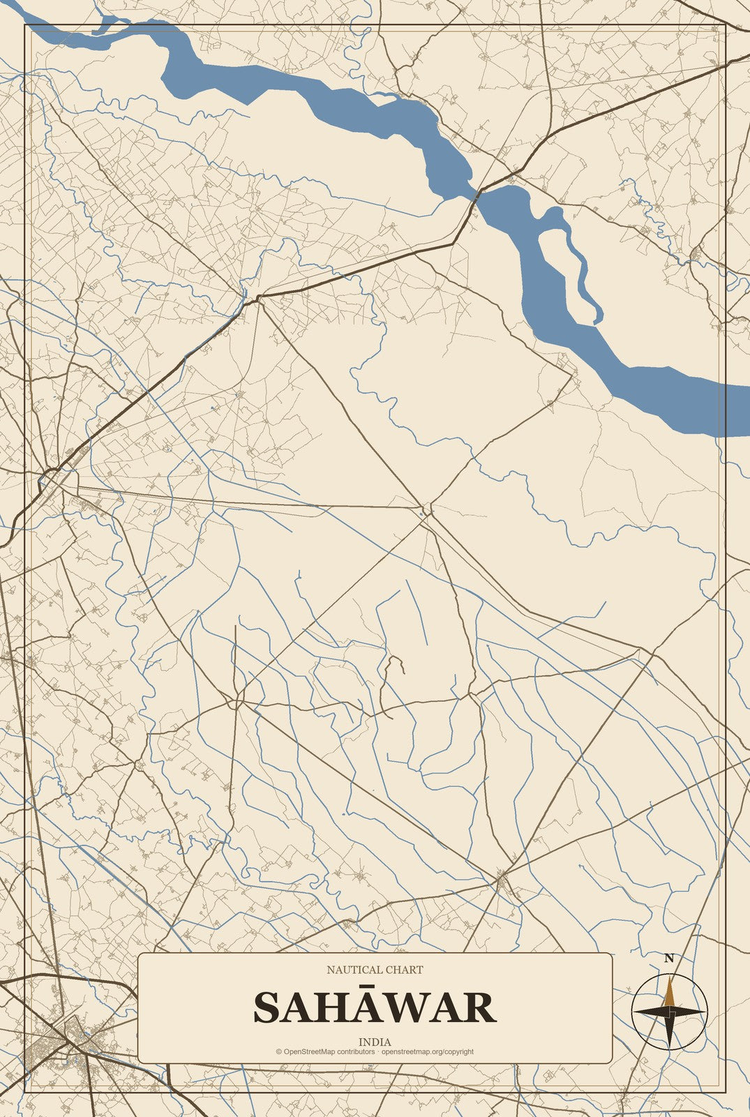 Sahāwar, India City Map Aluminum Sign in Heritage Nautical style