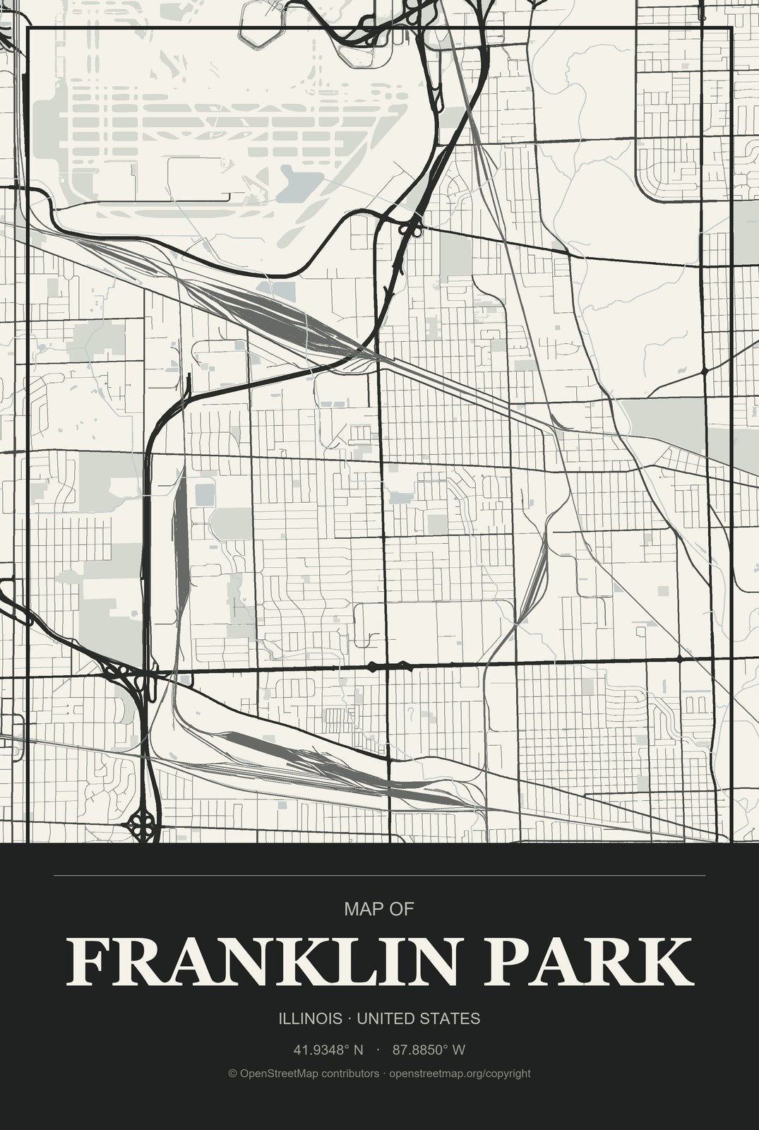 Franklin Park, Illinois City Map Aluminum Sign in Museum Plaque style