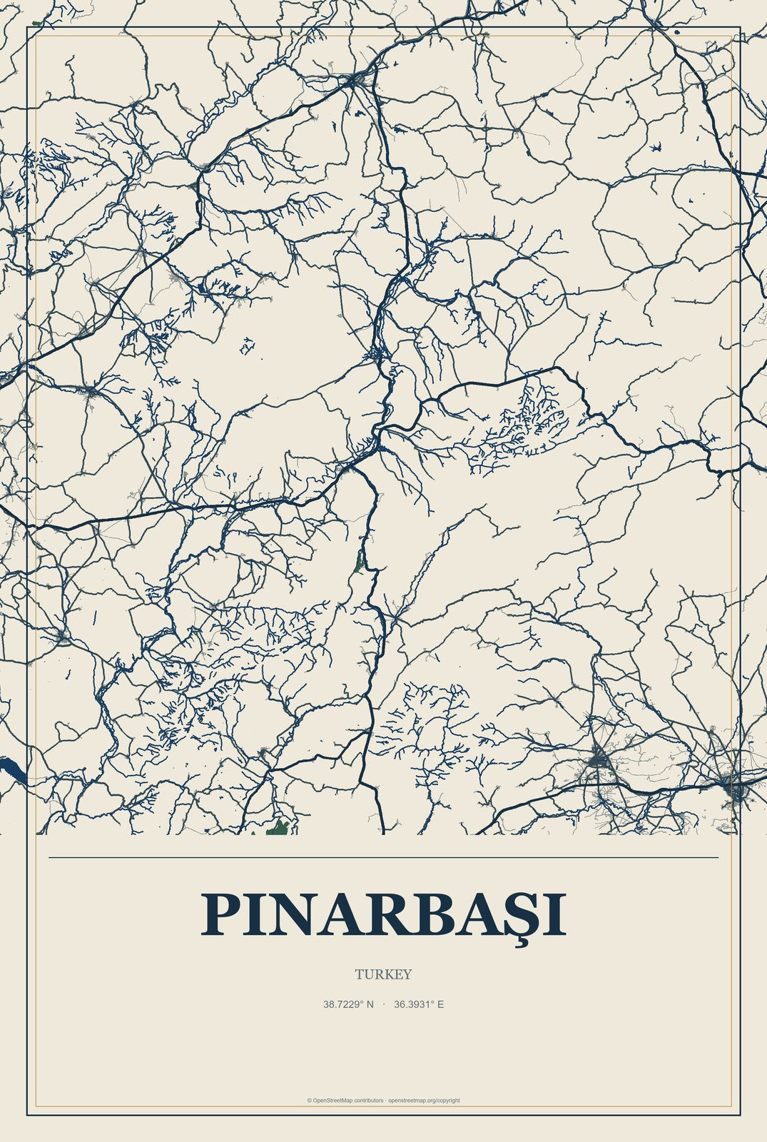Pınarbaşı, Kayseri, Turkey City Map Aluminum Sign in Coastal Cutout style