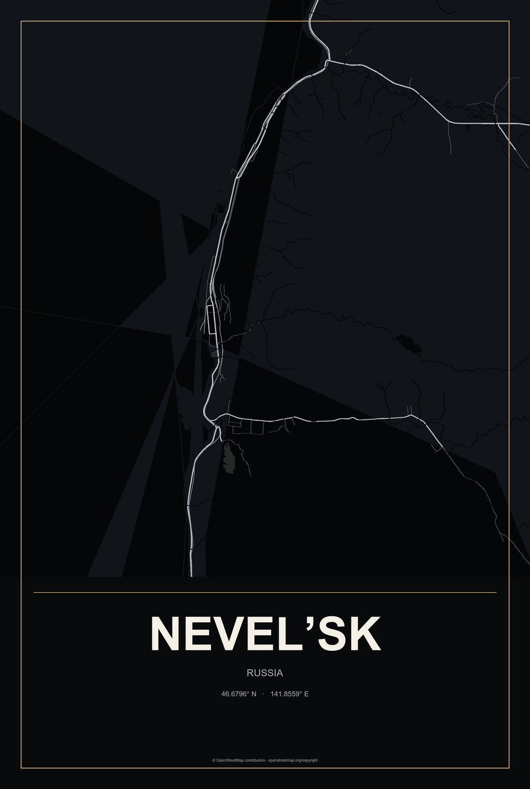 Nevel’sk, Russia City Map Aluminum Sign in Metropolitan Noir style