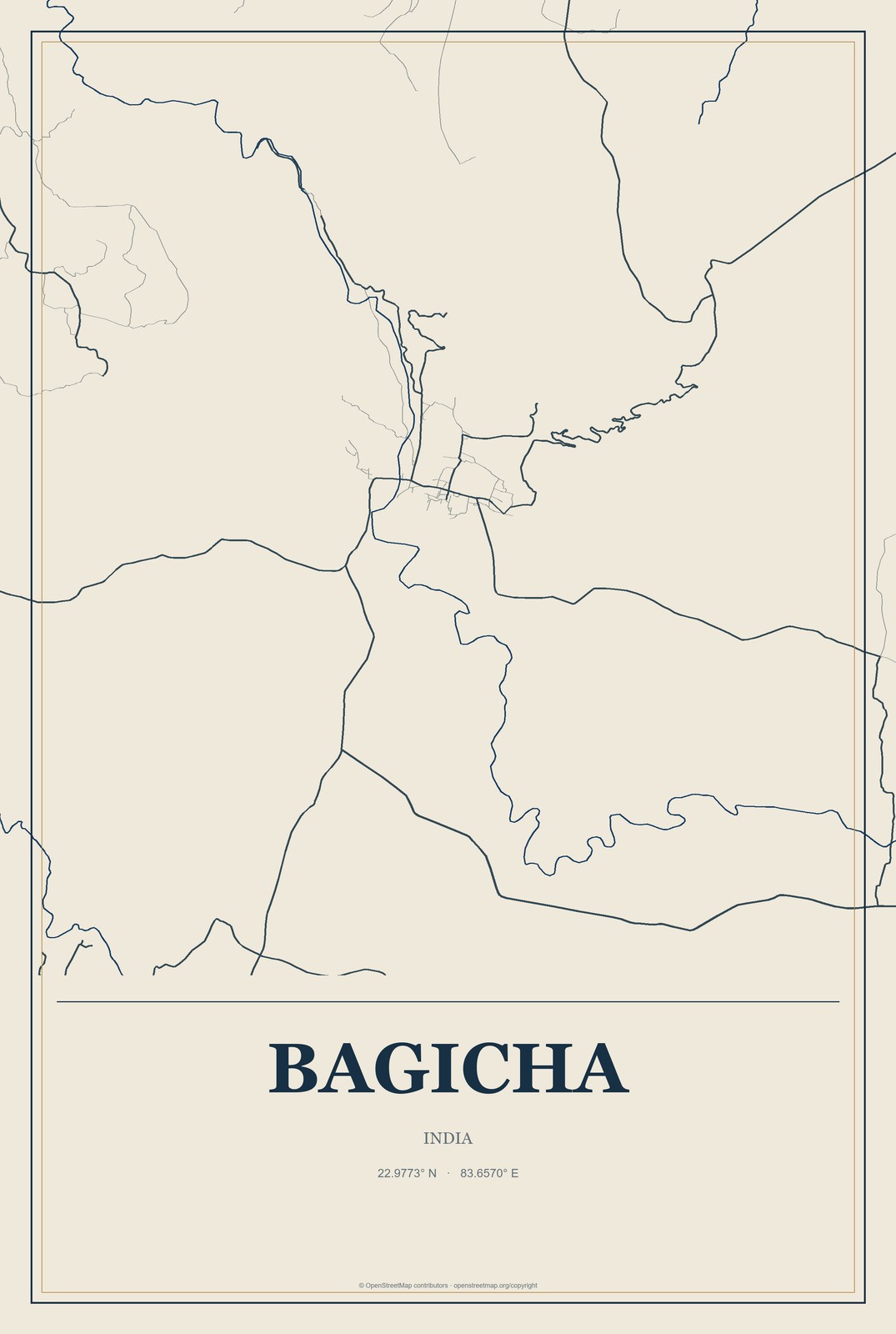 Bagicha, India City Map Aluminum Sign in Coastal Cutout style