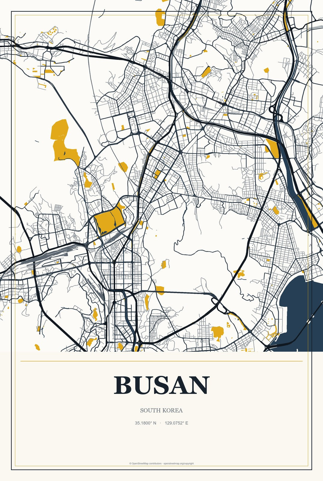 Busan, South Korea City Map Aluminum Sign in Citrine Modern style