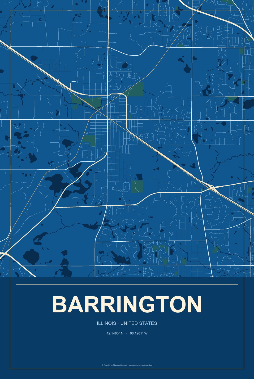 Barrington, Illinois City Map Aluminum Sign in Harbor Cobalt style