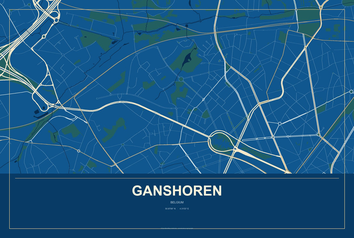 Ganshoren, Belgium City Map Aluminum Sign in Harbor Cobalt style