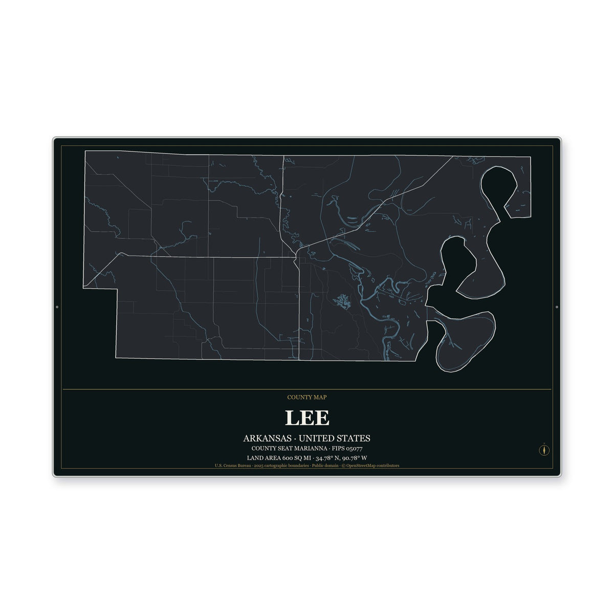 Lee County, Arkansas Map Aluminum Sign in Metropolitan Noir style
