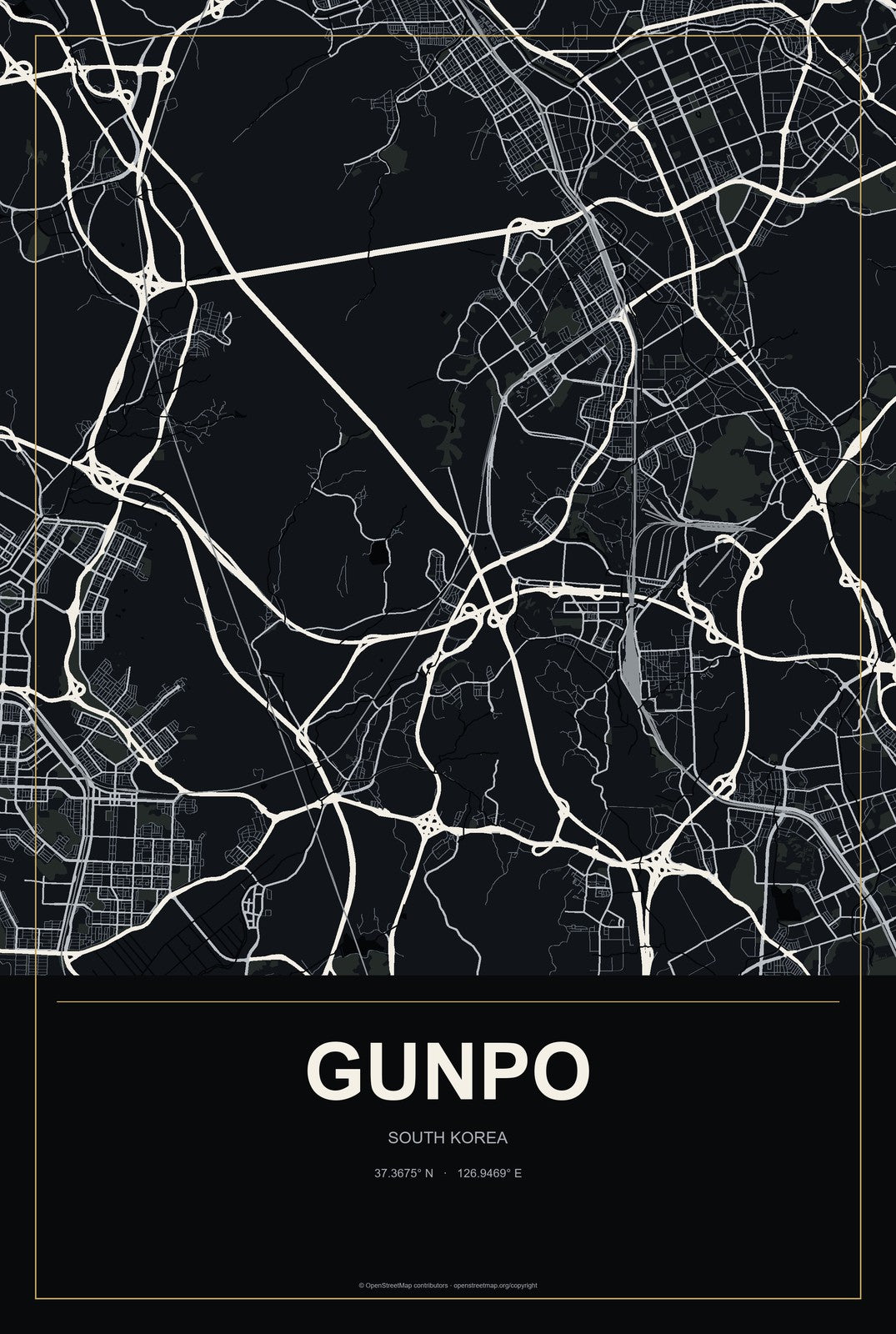 Gunpo, South Korea City Map Aluminum Sign in Metropolitan Noir style