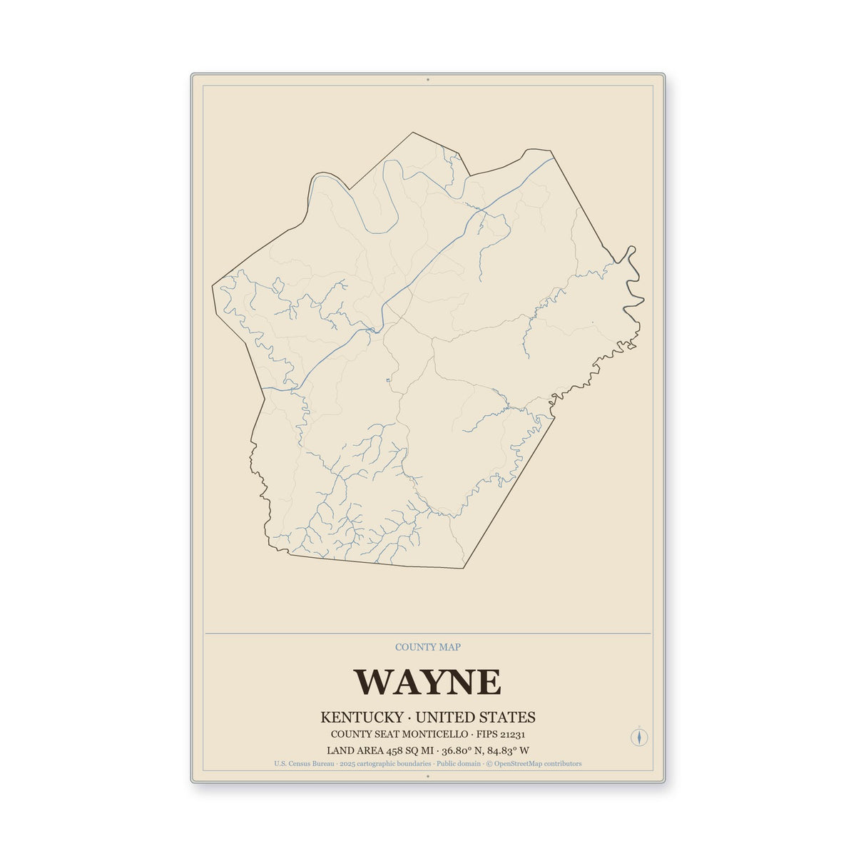 Wayne County, Kentucky Map Aluminum Sign in Heritage Nautical style