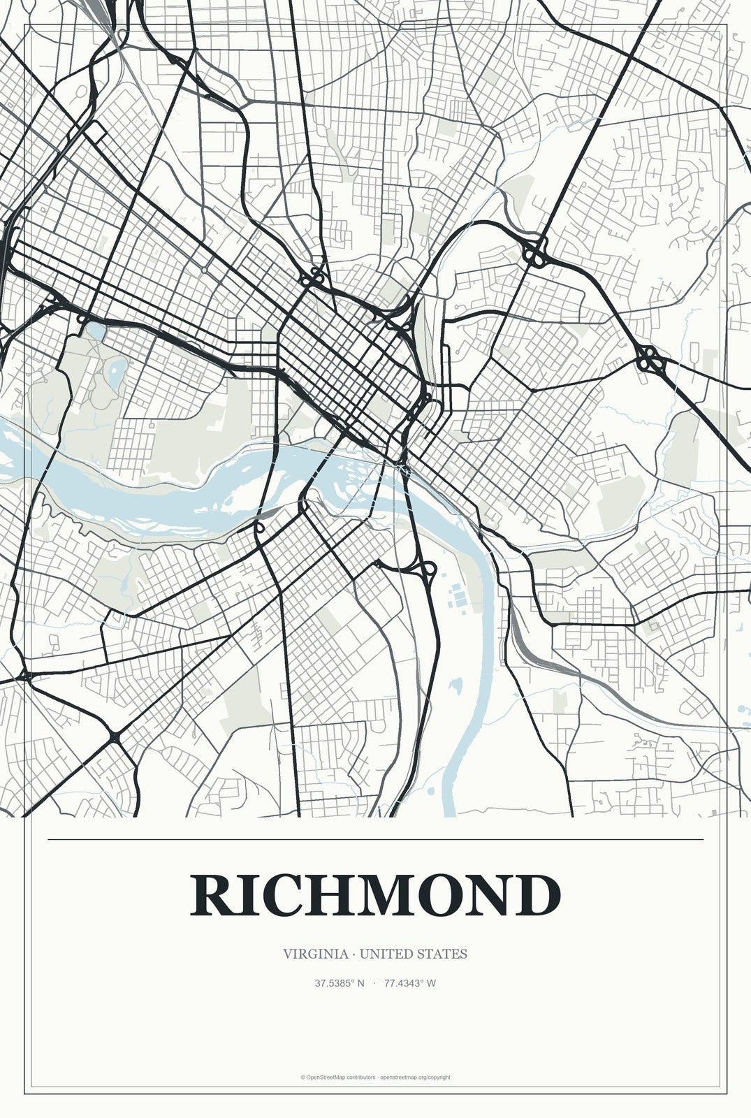 Richmond, Virginia City Map Aluminum Sign in Gallery Air style