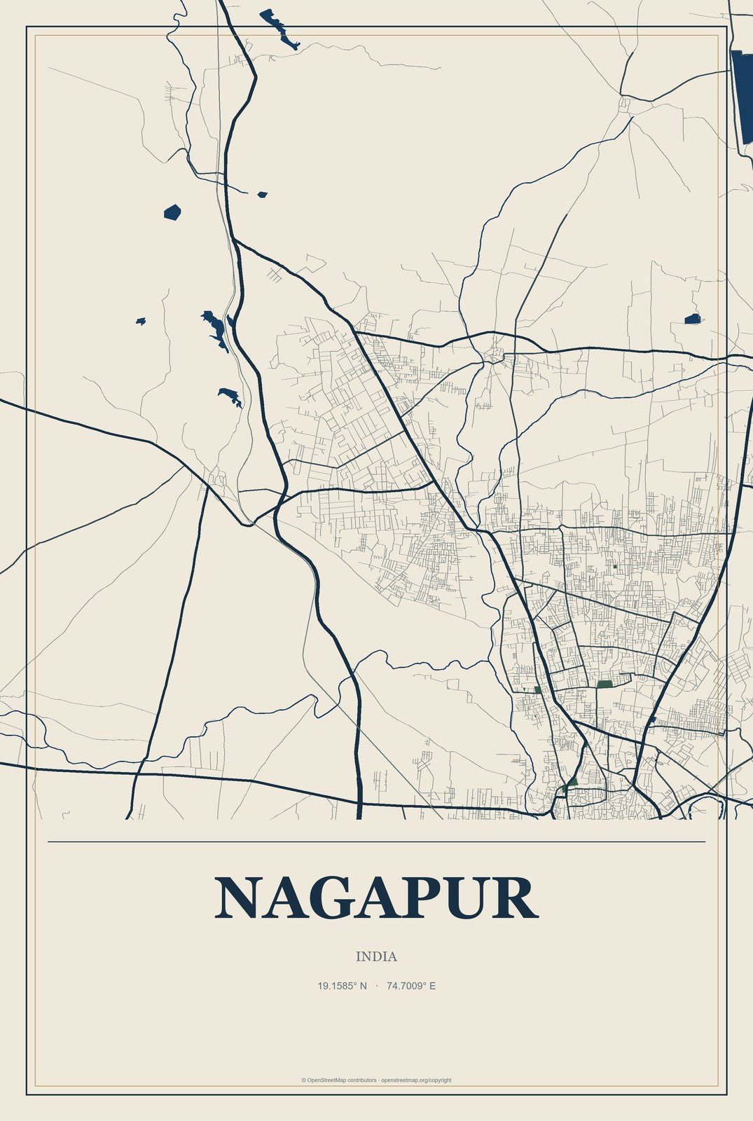 Nagapur, India City Map Aluminum Sign in Coastal Cutout style