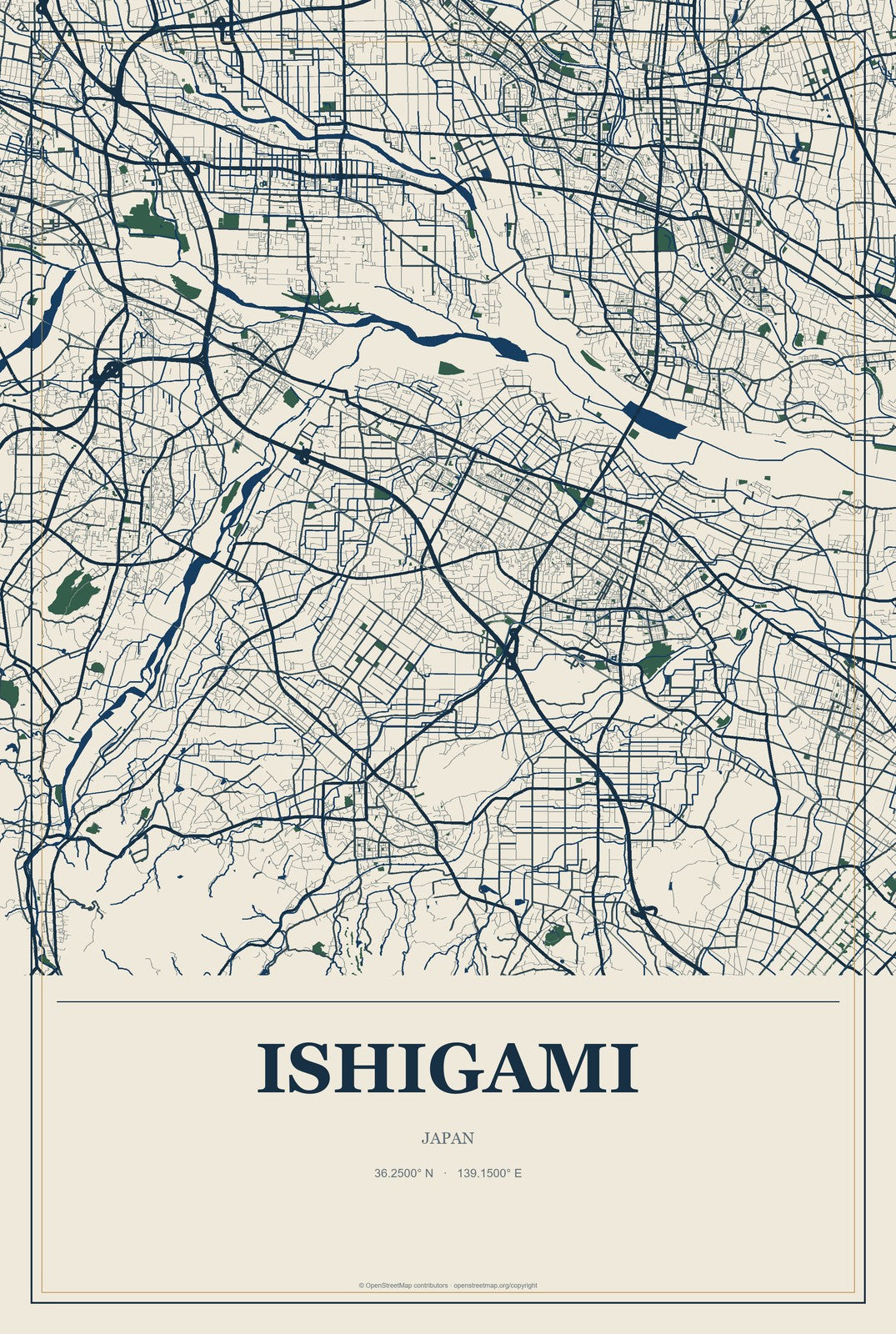 Ishigami, Japan City Map Aluminum Sign in Coastal Cutout style