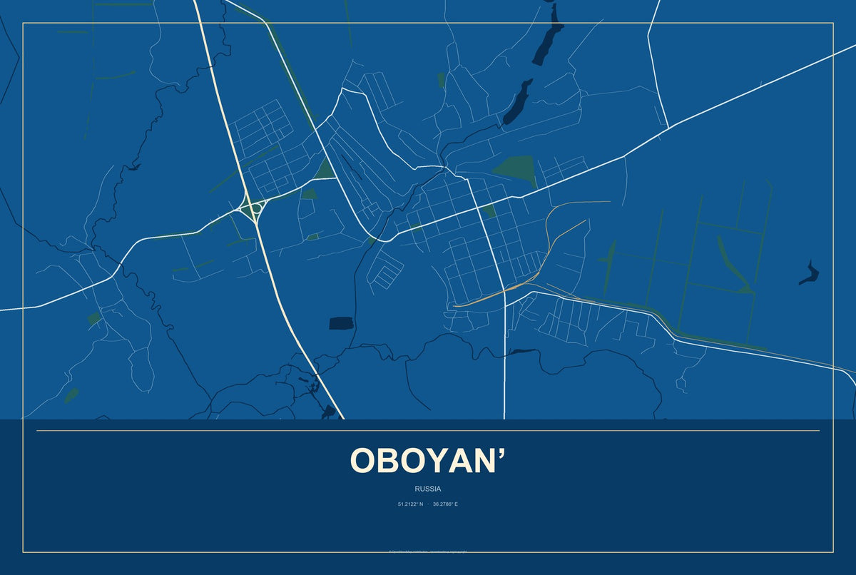 Oboyan’, Russia City Map Aluminum Sign in Harbor Cobalt style
