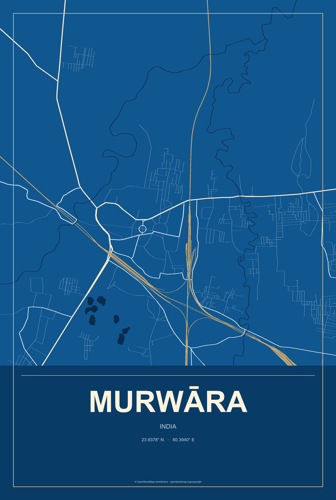 Murwāra, India City Map Aluminum Sign in Harbor Cobalt style