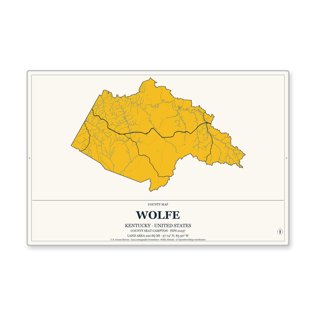 Wolfe County, Kentucky Map Aluminum Sign in Citrine Modern style