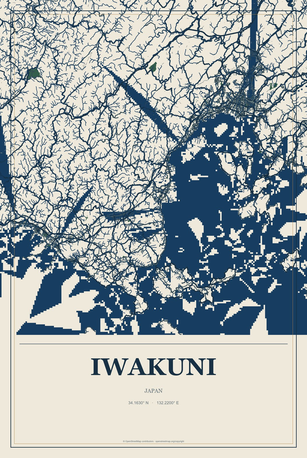 Iwakuni, Japan City Map Aluminum Sign in Coastal Cutout style