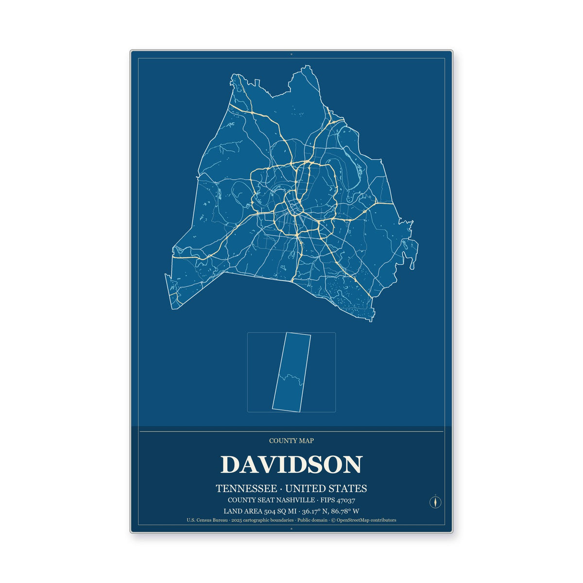 Davidson County, Tennessee Map Aluminum Sign in Harbor Cobalt style