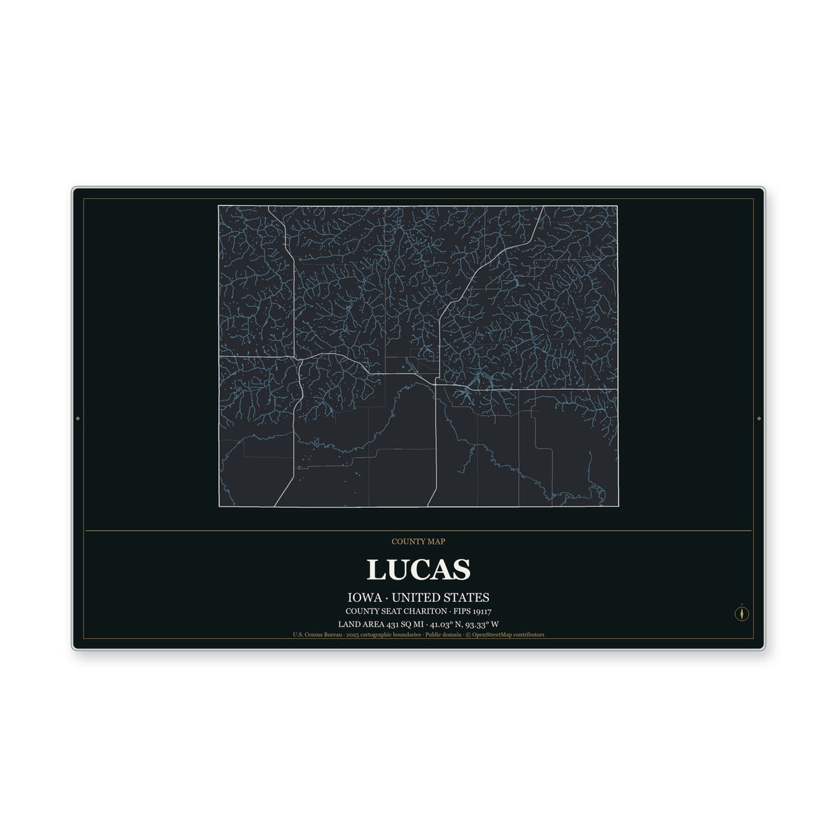 Lucas County, Iowa Map Aluminum Sign in Metropolitan Noir style