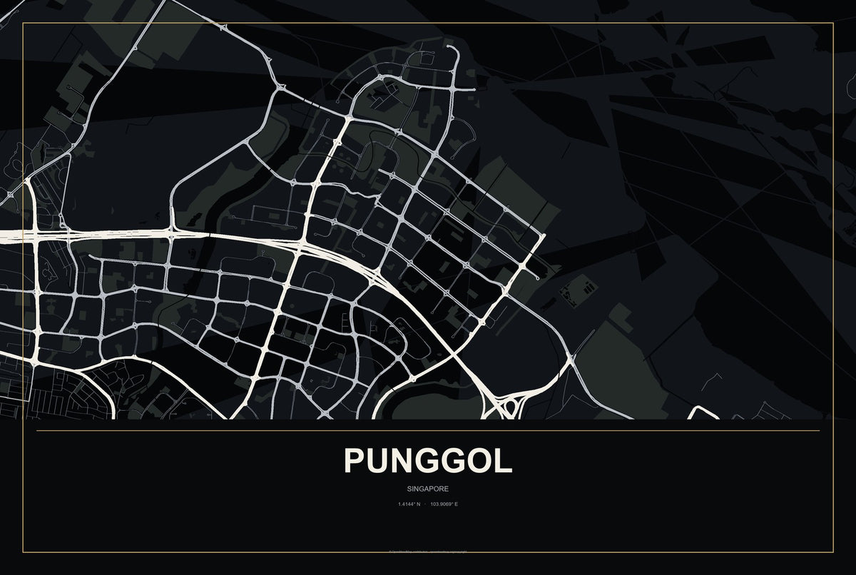 Punggol, Singapore City Map Aluminum Sign in Metropolitan Noir style