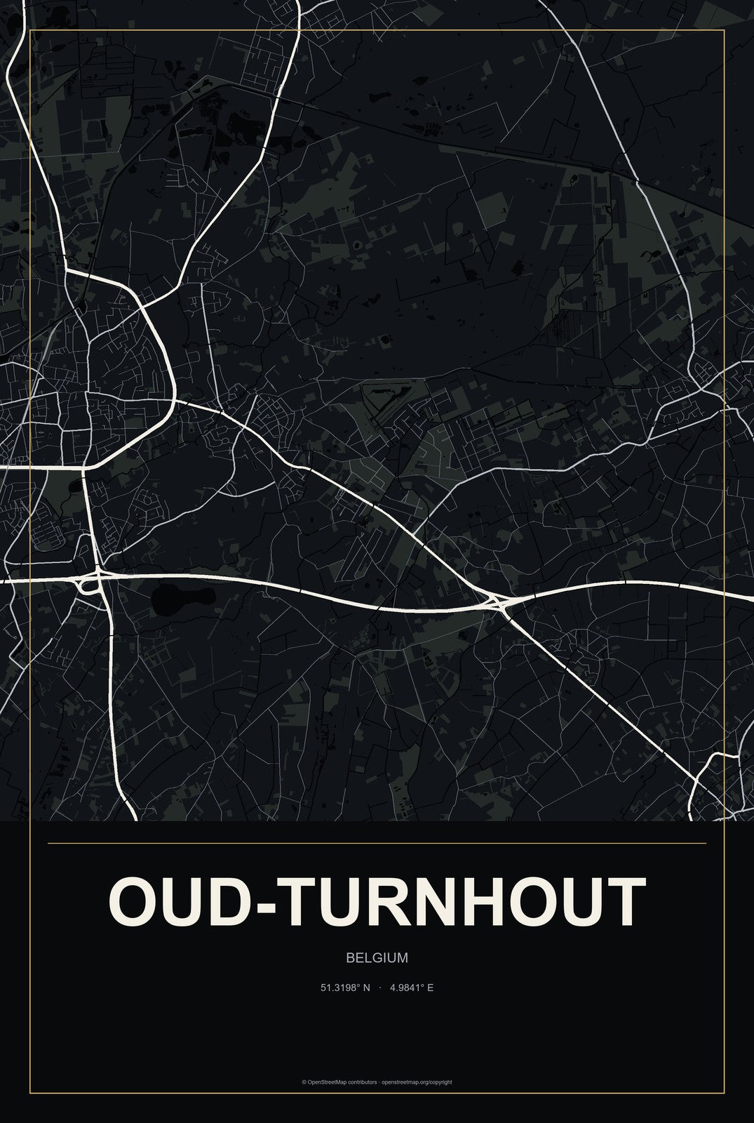 Oud-Turnhout, Belgium City Map Aluminum Sign in Metropolitan Noir style