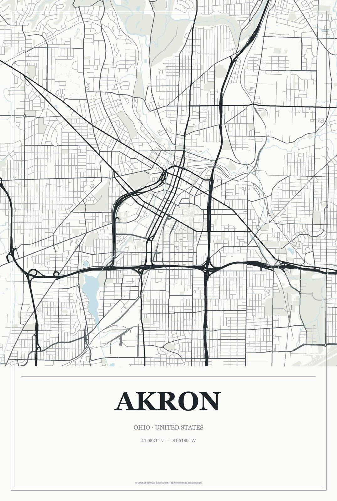 Akron, Ohio City Map Aluminum Sign in Gallery Air style