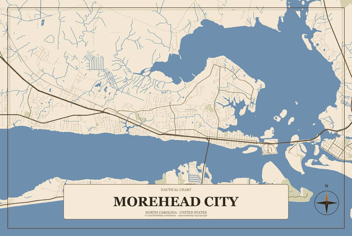 Morehead City, North Carolina City Map Aluminum Sign in Heritage Nautical style