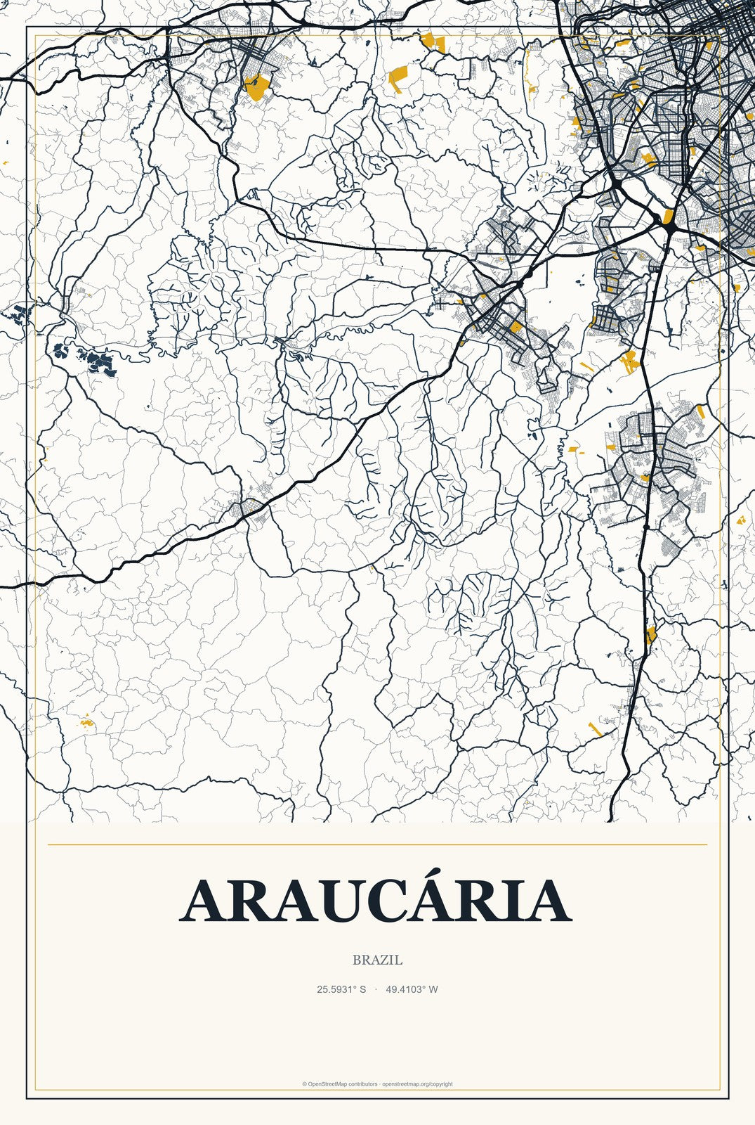 Araucária, Brazil City Map Aluminum Sign in Citrine Modern style