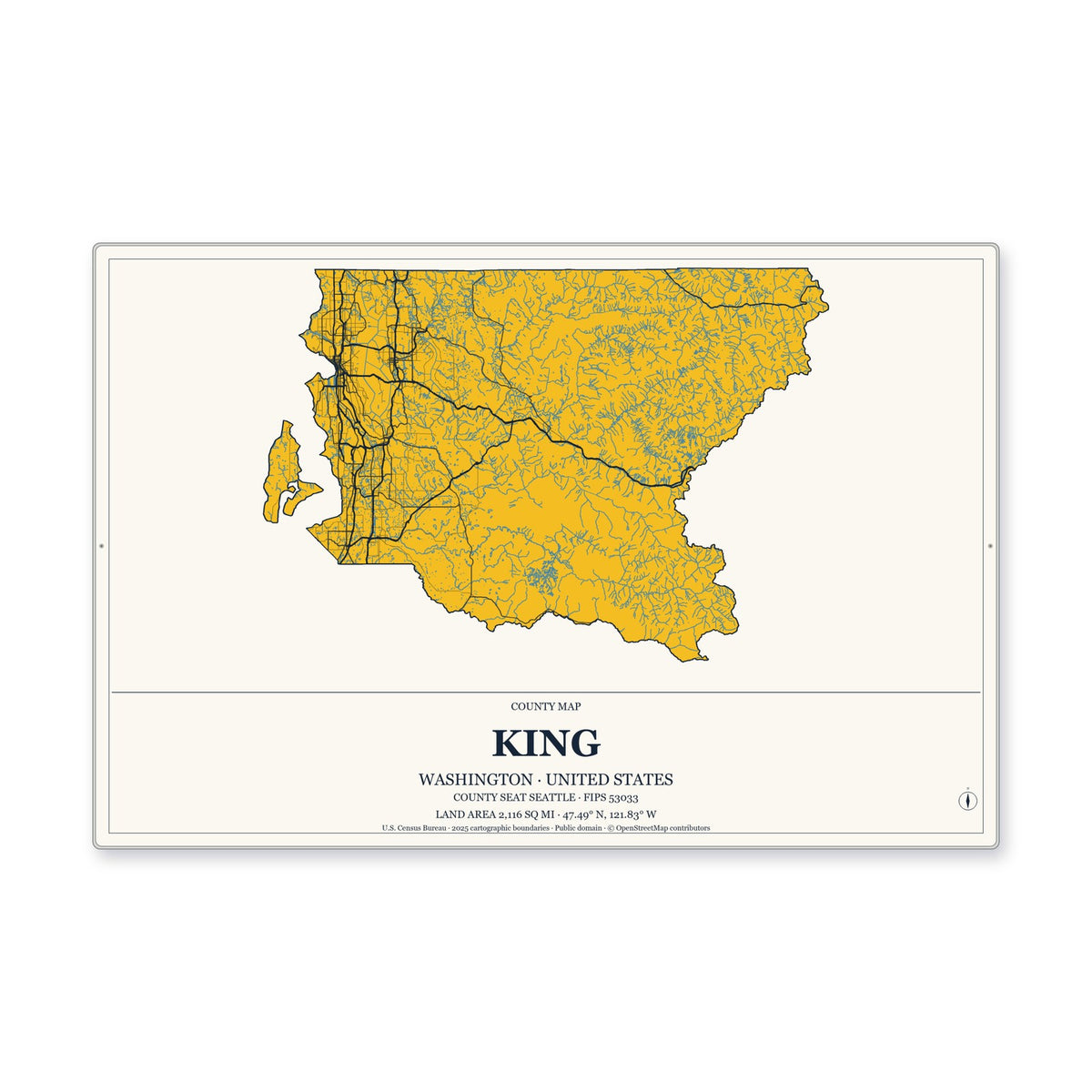 King County, Washington Map Aluminum Sign in Citrine Modern style