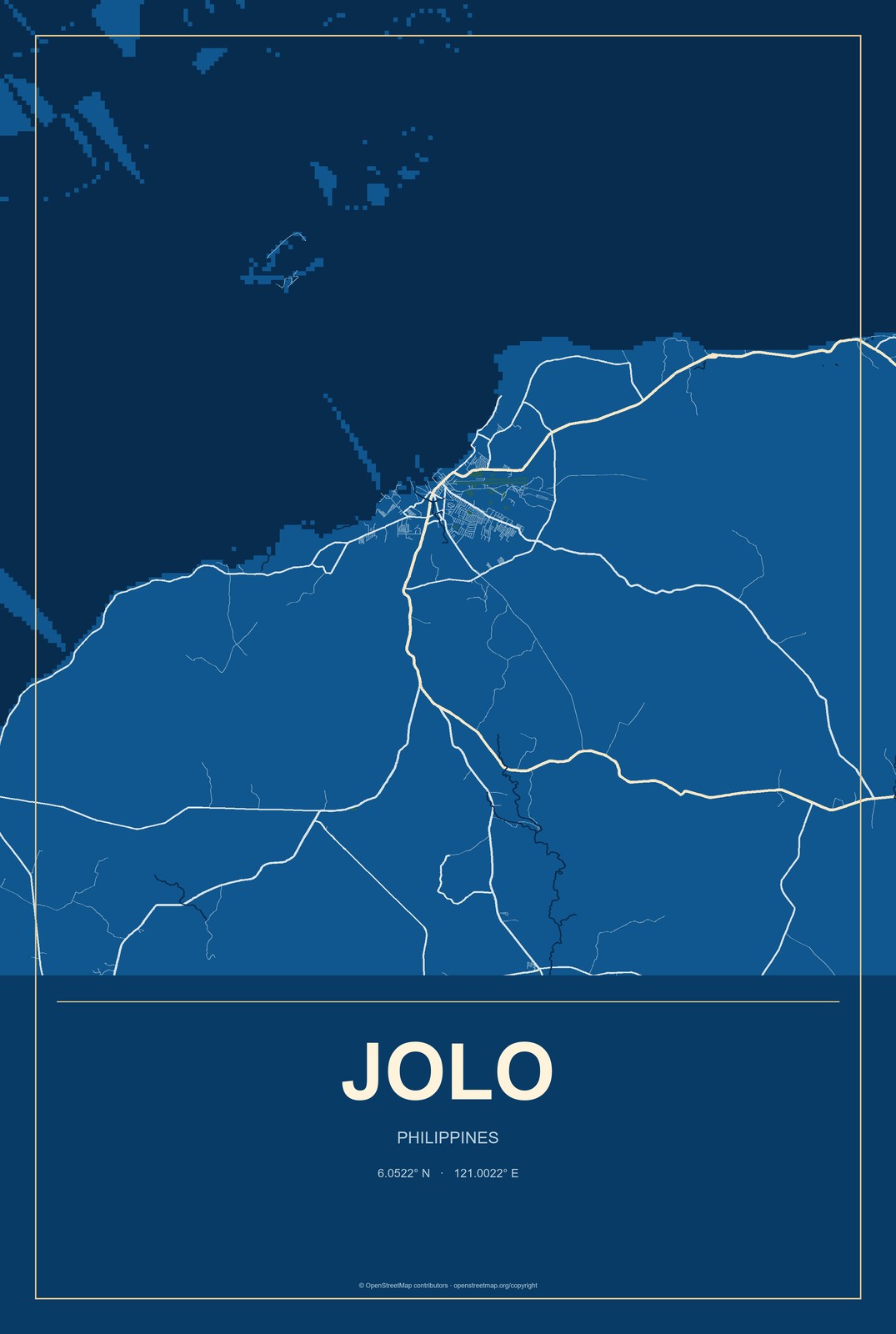 Jolo, Philippines City Map Aluminum Sign in Harbor Cobalt style