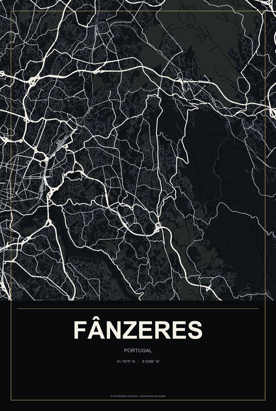 Fânzeres, Portugal City Map Aluminum Sign in Metropolitan Noir style