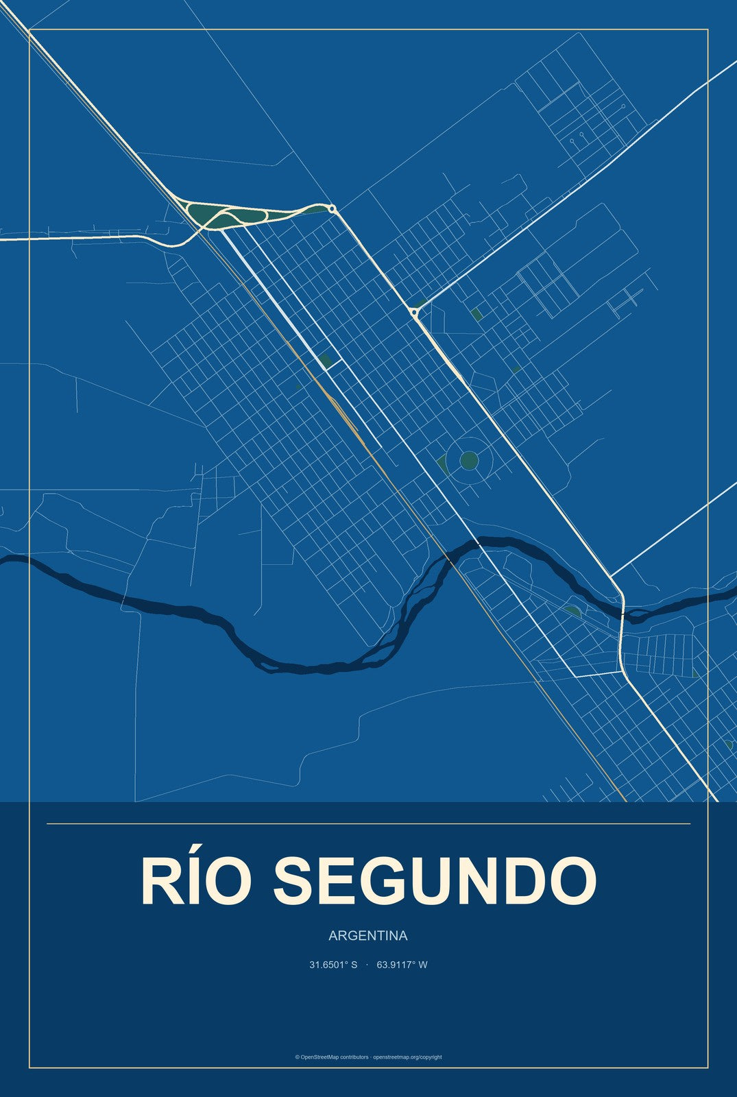 Río Segundo, Argentina City Map Aluminum Sign in Harbor Cobalt style