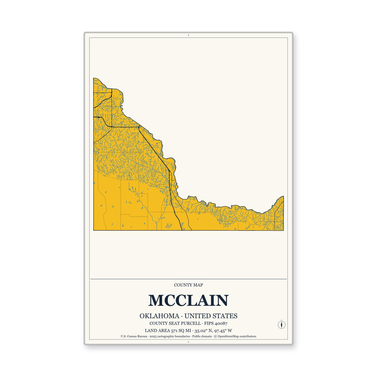 McClain County, Oklahoma Map Aluminum Sign in Citrine Modern style