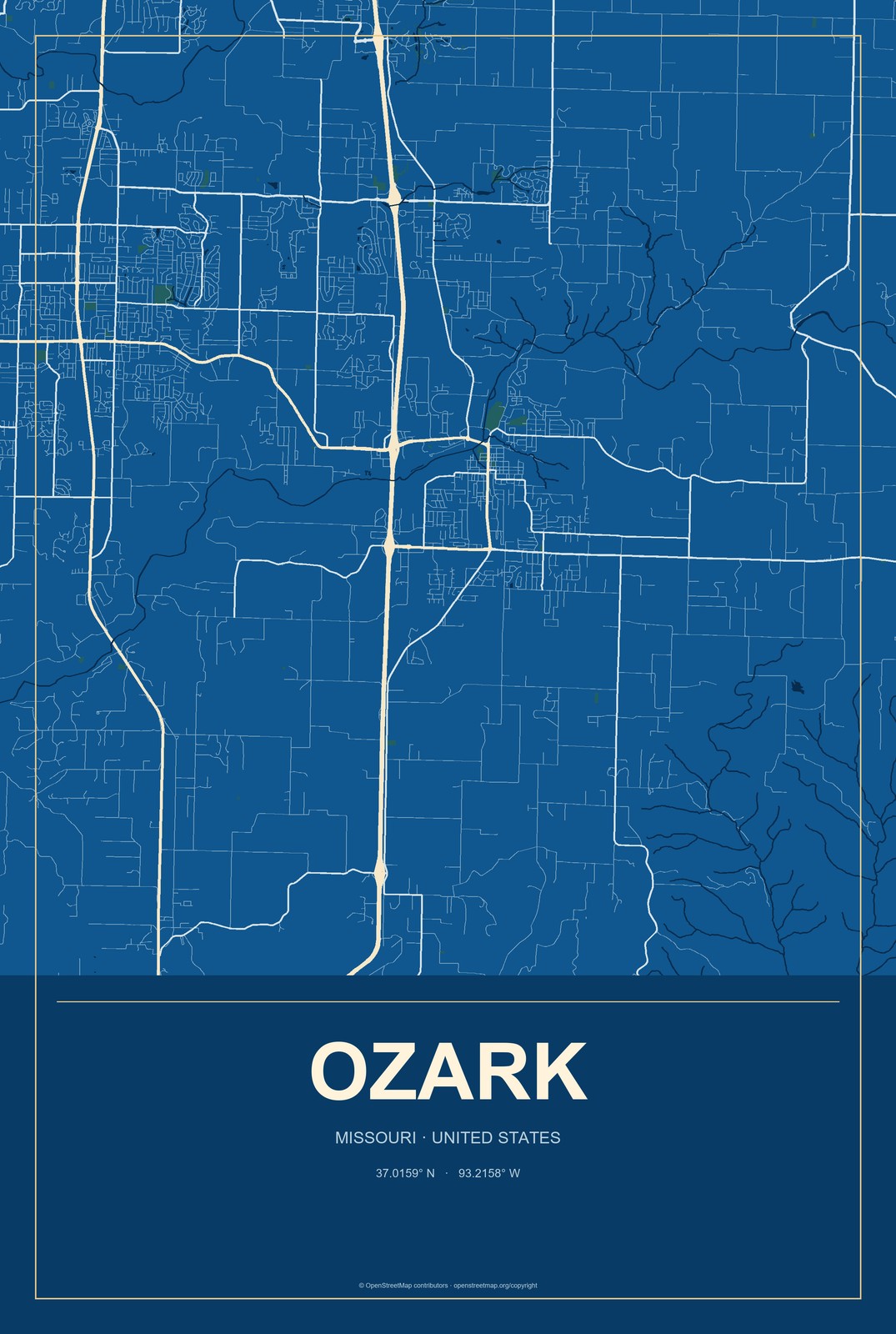 Ozark, Missouri City Map Aluminum Sign in Harbor Cobalt style