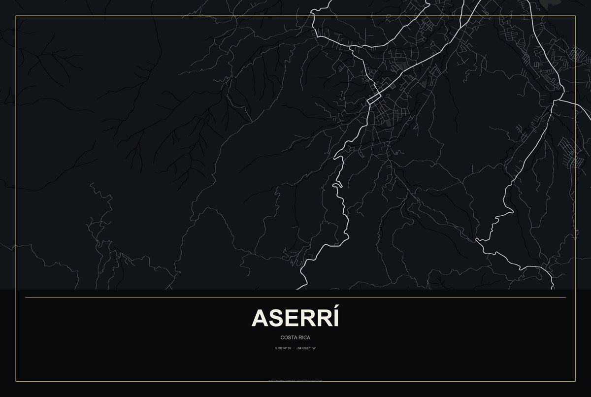 Aserrí, Costa Rica City Map Aluminum Sign in Metropolitan Noir style